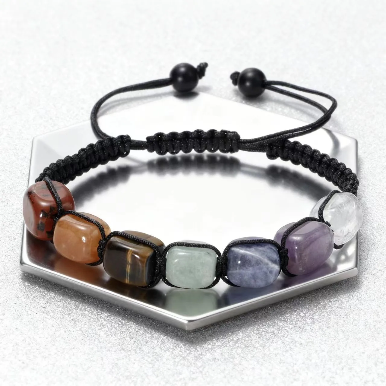 Bracelet coloré à 7 perles carrées en pierre naturelle œil de tigre, fait à la main, tressé, bracelets de yoga, cadeau pour meilleur ami