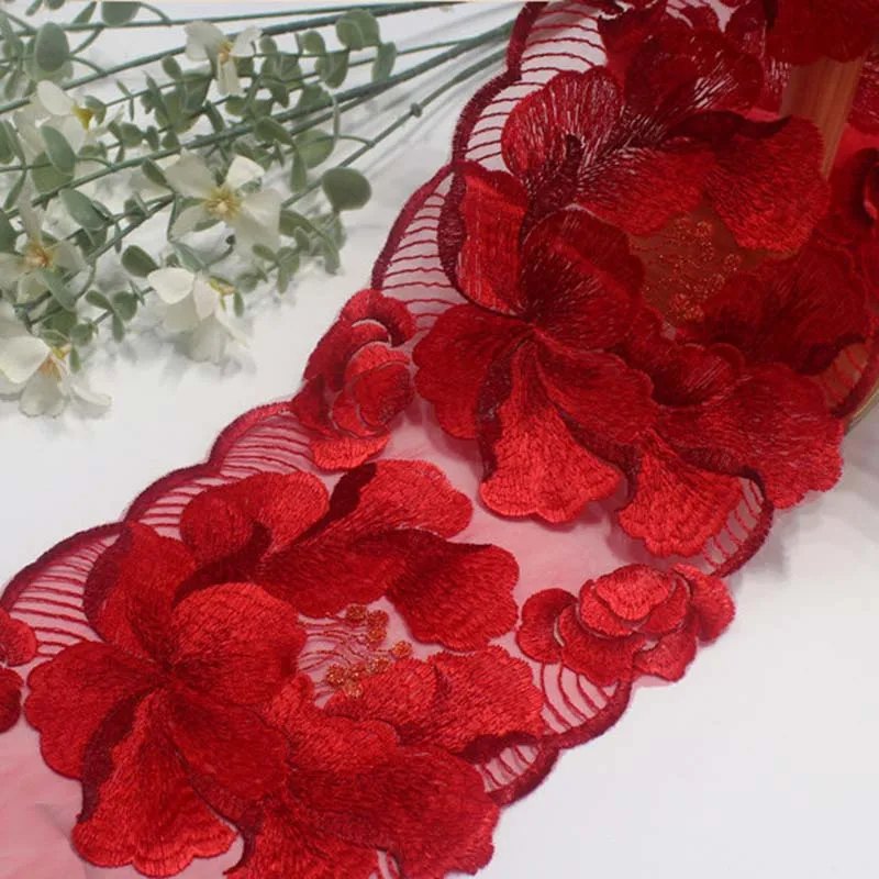 29Yards Elegant Red Flowers Net Yarn Embroidery Lace Fabric Garment DIY Dress Wedding Sofa Ribbon Sewing Accessories