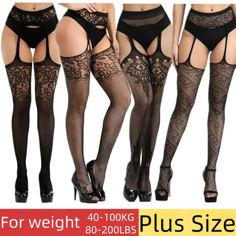 

NEWJOINFUN Sexy Large Plus Size Garter Stockings Fishnet One-piece Pantyhose Mesh Thigh High Waist Tights for Oversized Women XL
