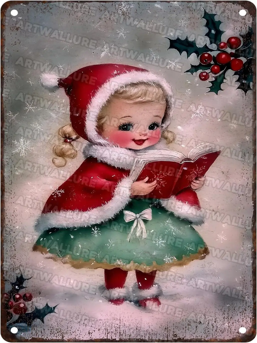 Vintage 1960 Retro Christmas Girl Metal Sign for Living Room Wall Above Fireplace Winter Holiday Decor Beside 12x16--Tin Sign