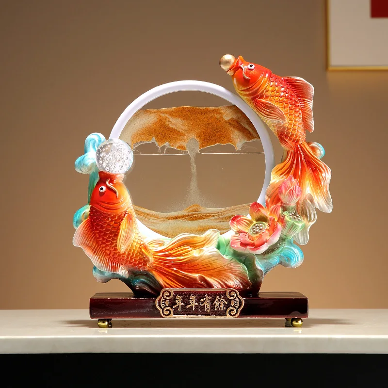 LH Quicksand Painting Koi Lucky Ornament Hourglass Living Room Home Office Decoration