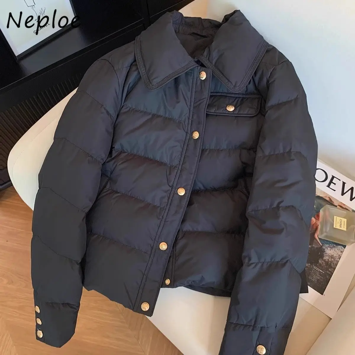 

Neploe Solid Korea Office Lady Small Fragrance Coats Turn-down Collar Long Sleeve New Moda Parkas All-match Slim Minority Jacket