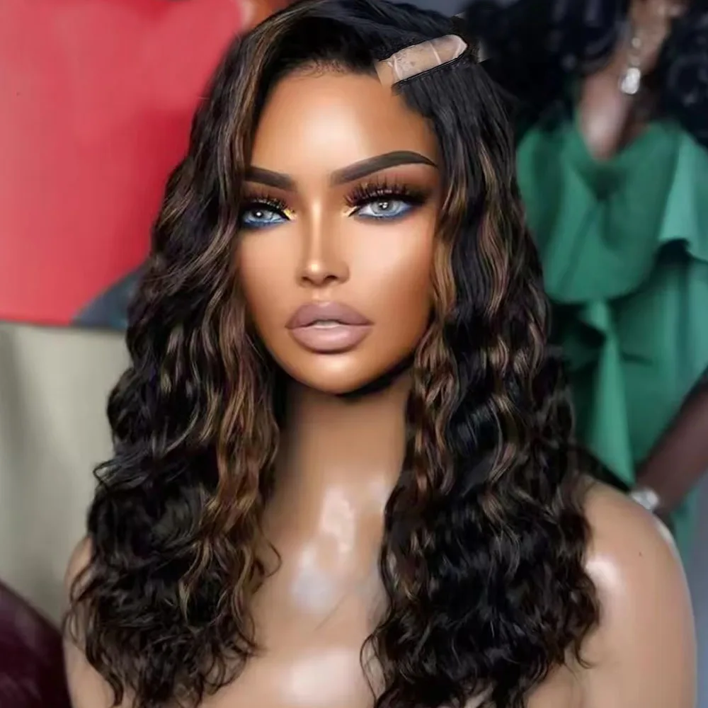 Lockige, lockere Bayalage-Perücke mit braunen und blonden Highlights, natürliches Remy-Echthaar, 100 % Echthaar, klebefrei, 1x4 Größe, U-Part-Perücke für schwarze Frauen, einfache Anwendung – Detail 3
