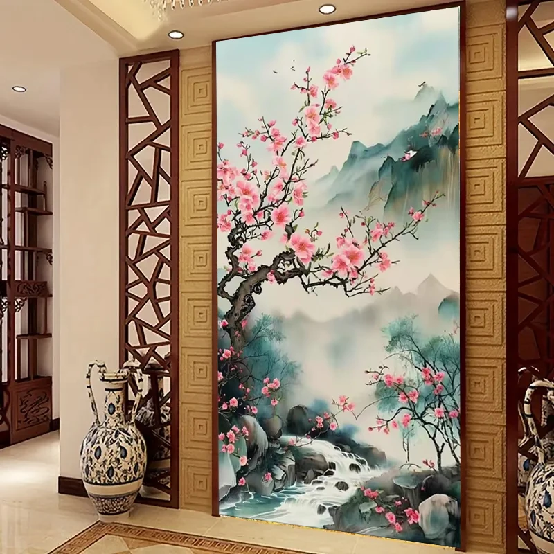 

Diamond Mosaic Art Diamond Painting Landscape of Mountains Rivers Pink Peach Blossoms Embroidery Chinese Style Cross Stitch