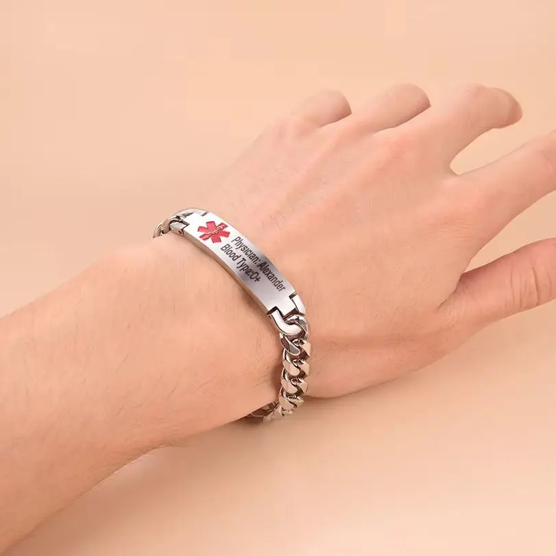 U7 Custom Stainless Steel 17/21 Cm Medical Alert Tag Cuban Chain Bracelets for Men Women Medical Emergency Info Jewelry Gift