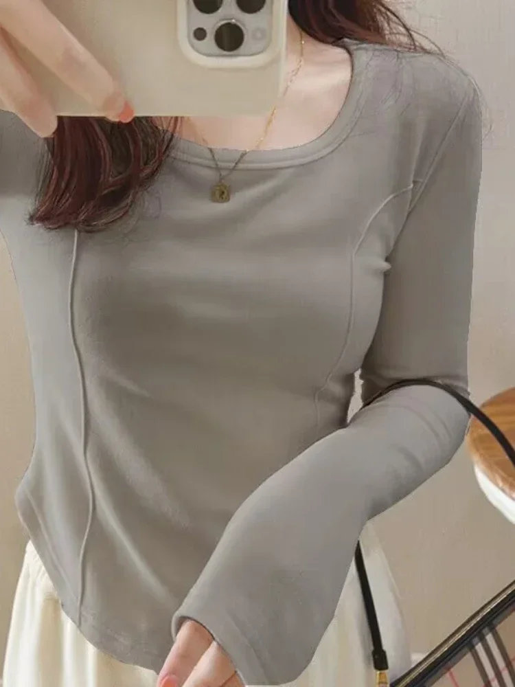 Square Collar T-shirts Women Korean Style Inside Solid 7 Colors Ins Slim Feminine Hipster Student Tender Light Soft Elegant Tops