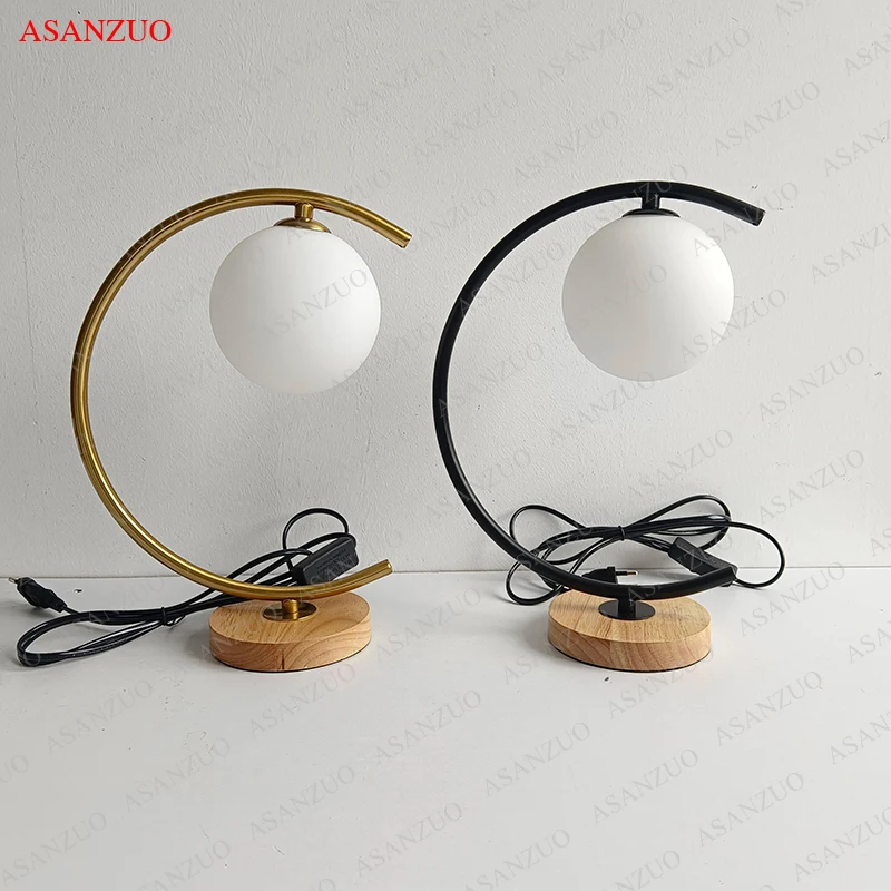 Glass ball Wood table lamp bedroom living room decor Lighting fixtures Study Reading Desk Lamp bedside Night Lamp Gold Black