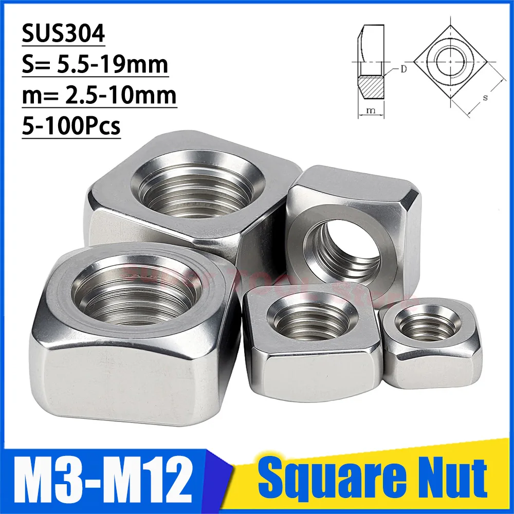 5-50Pcs M3 M4 M5 M6 M8 M10 M12 304 A2-70 Stainless Steel Square Nut Metric System Square Nuts DIN557 Industrial Fastener