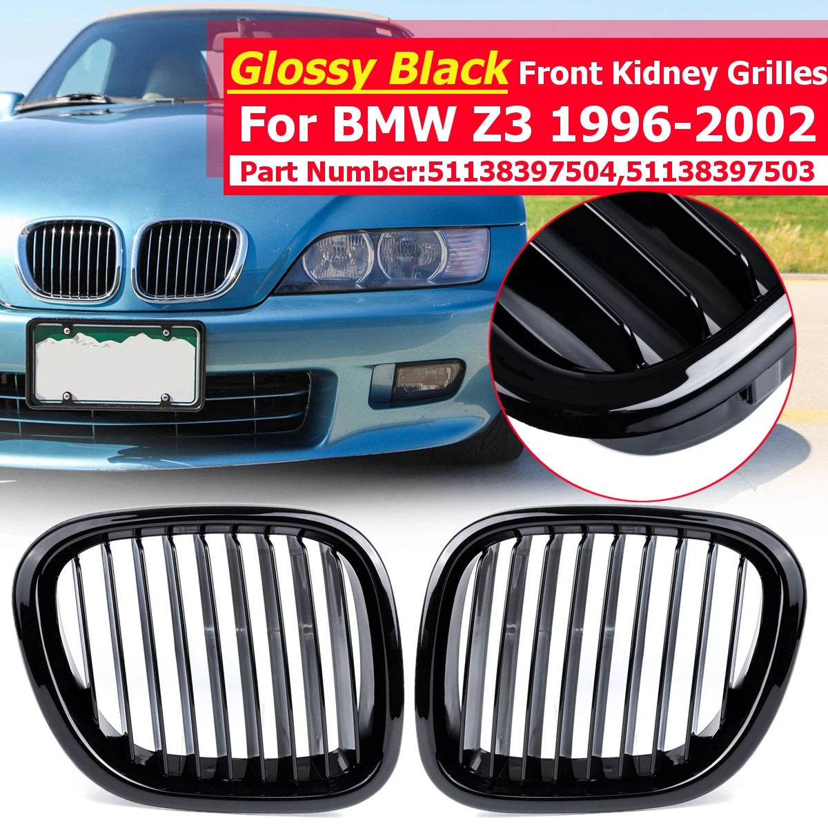 

Glossy Black Car Front Bumper Kidney Grille Racing Grills For BMW Z3 1996 1997 1998 1999 2000 2001 2002 Front Kidney Hood Grille