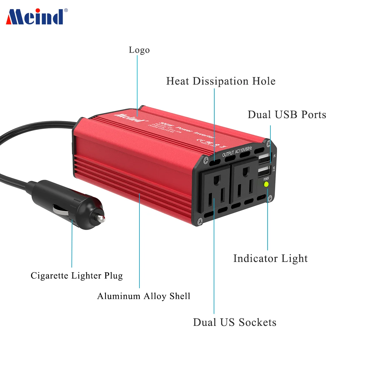 MEIND 300W Power Inverter DC 12V a AC 110V Inverter per auto con adattatore per auto Dual USB 5.4A