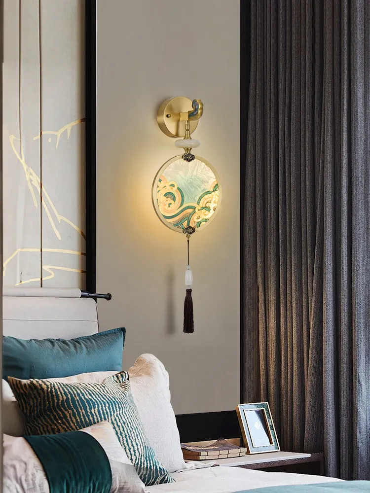 Enamel colored wall lamp, new Chinese style atmospheric living room, all copper dining room, bedroom bedside lamp