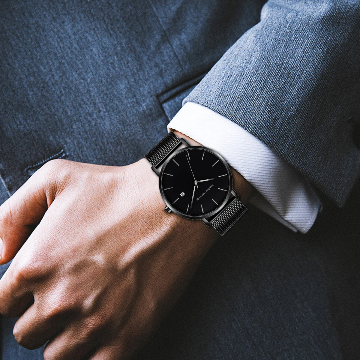 Classic Bauhaus Design Men Watch Dark Blue Japan Quartz Waterproof Stainless Steel Fashion Business Calendar Ultra Thin Watches