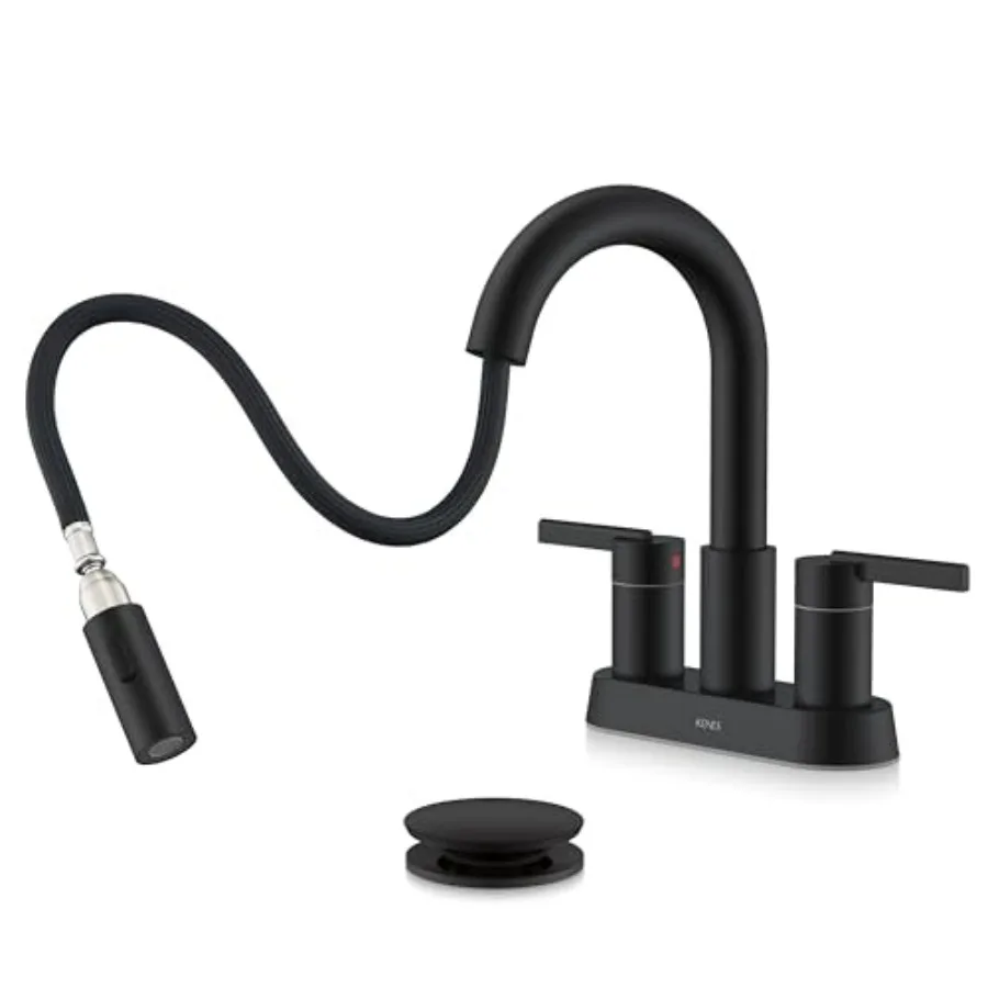 

Bathroom sink faucet with matte black finish centerset 3-hole design 4-inch 2-handle setup pull-out sprayer pop-up drain and su