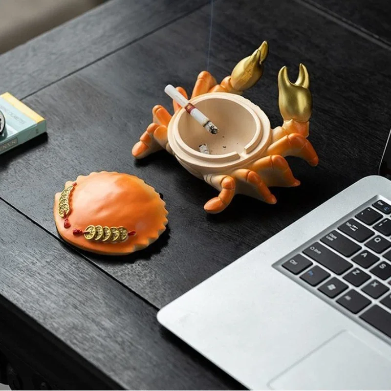 Crab Ashtray Chinese Painted Design Windproof Lid Cute Desktop Ornament For Living Room Office Household Smoking Accessory