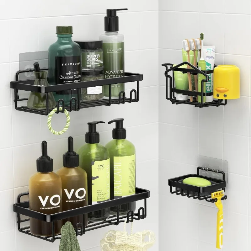 

4 Pack ,Shower Shelf for Inside Shower with 8 Hooks, SUS 304 Rustproof Stainless Steel Shower Rack-Black