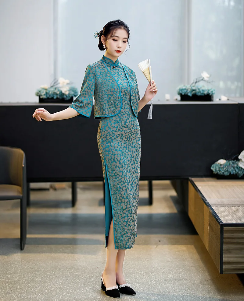 Sexy Slim Fit Long Qipao Autumn Cheongsam Set Shawl Two Piece Fashion Printing Elegant Temperament Chinese Traditional Dress