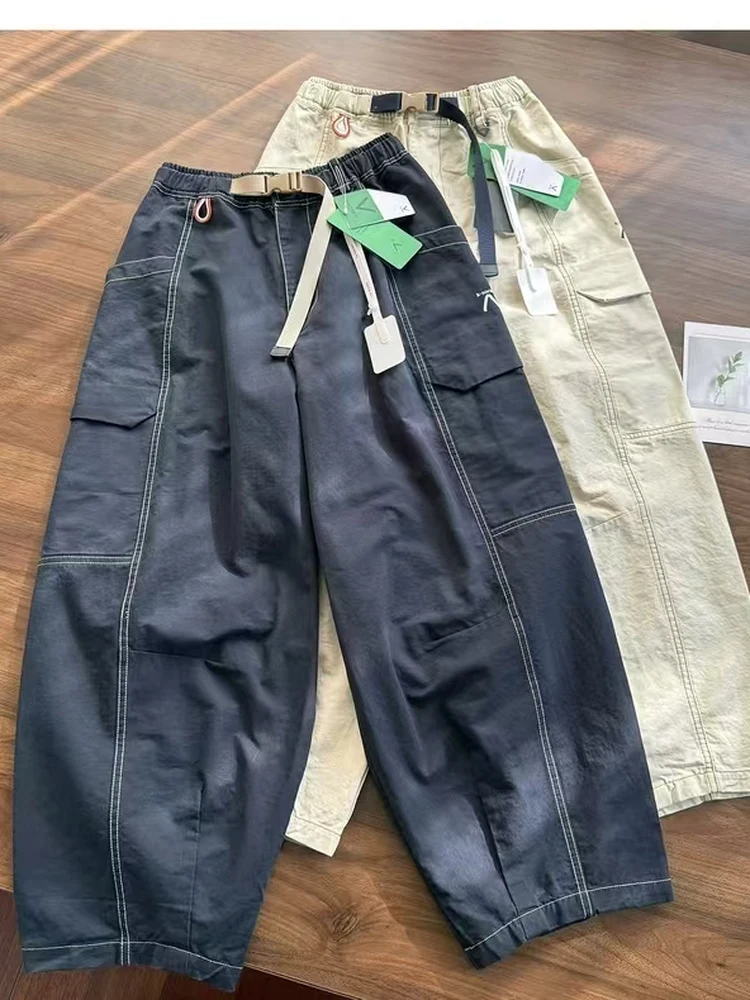 Outdoor Women's Casual Wide Leg O-Shape Work Pants Elastic Waistline Decorative Stitching Large Pockets Comfortable Fit Trousers