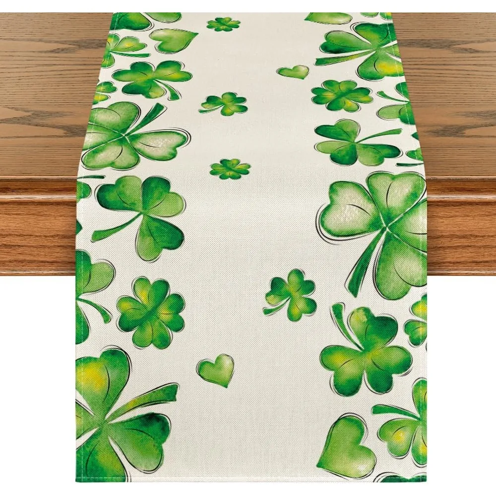 Green Shamrock Bushes St. Patrick's Day Table Runner, for Kitchen Dining Table Indoor Outdoor Home Party Decor 13 x 72 Inch