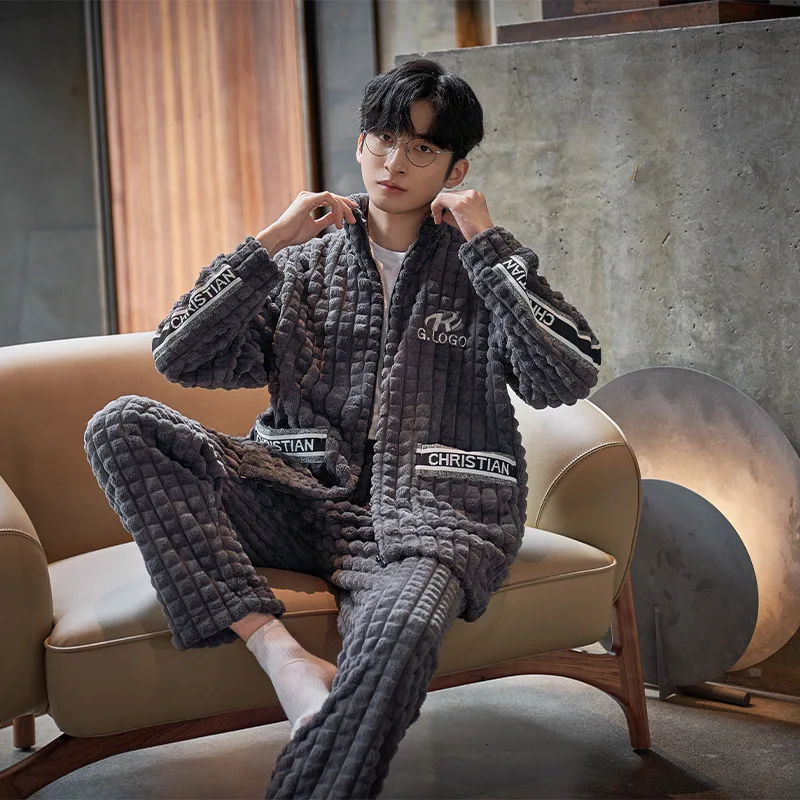 

Men Warm Flannel Autumn Winter Pajamas Zipper Long-sleeved Trousers Two-piece Set Loose Sleepwear Suit pijama masculino