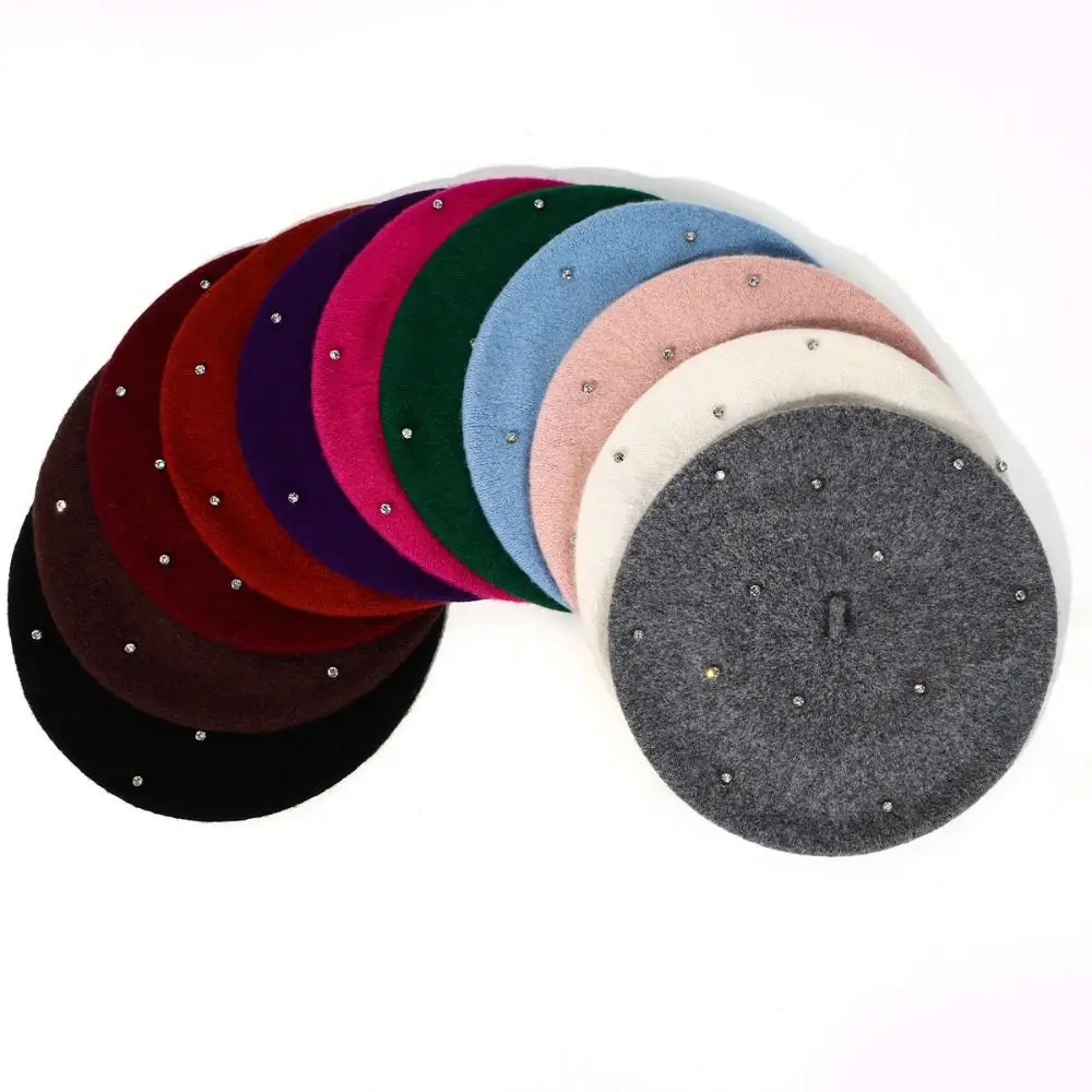 Sweet Starry Sky Rhinestones Beret Solid Color Knitted Wool Beret Warm Soft Artist Hat Women 5
