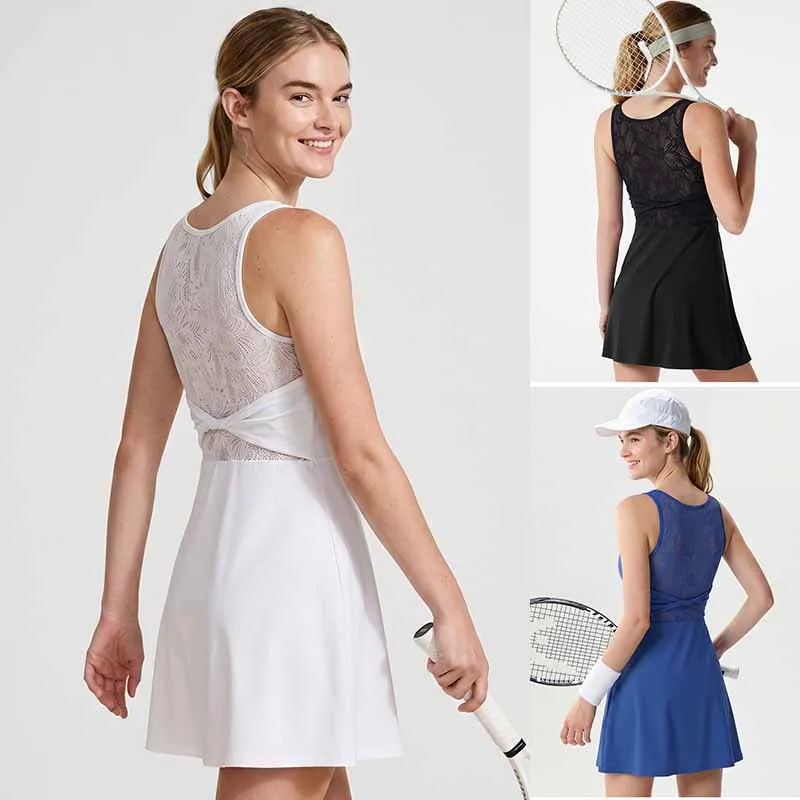 Summer Women Workout Tennis Dress Hollow Lace Slim Yoga Tennis Dress with Short and Bra Ladies A-Lined Badminton Yoga Skirts