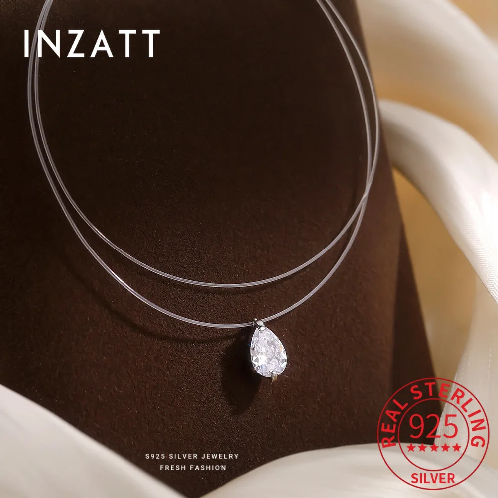 

INZATT Real 925 Sterling Silver Fishing Line Zircon Water Drop Pendant Choker Necklace for Women Trendy Fine Jewelry Accessories