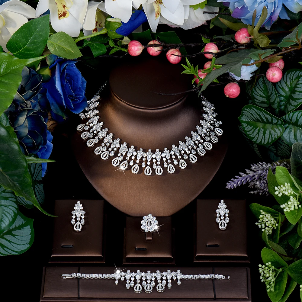 HIBRIDE Premium Stunning Sparkle Necklace Earrings Bracelet Jewelry Set Women's Light Luxury Wedding Bridal Holiday Gift S-1101