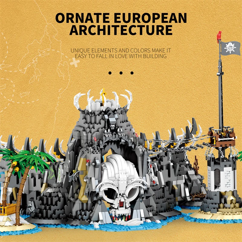 Reobrix – ensemble de blocs de construction d'île de crâne de Pirate Bay, scène de crique au trésor fantastique sombre, décor de modèle de Puzzle avancé pour adultes