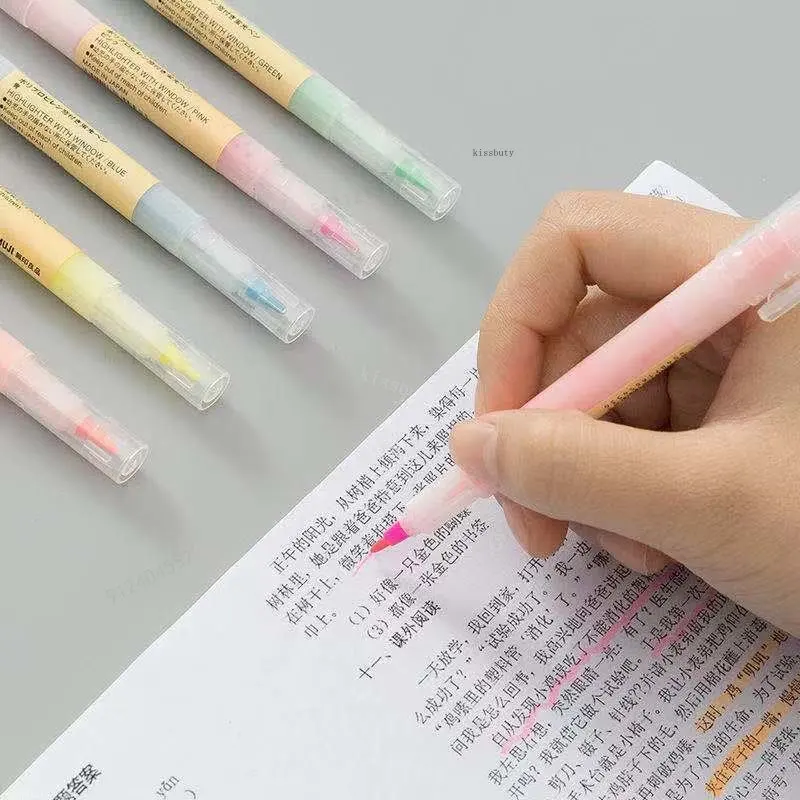 5Colors/Set Double Nib Window MUJIs Highlighter Pens Stationery Student Only Key Points Marker Colored Marking Fluorescent Pen