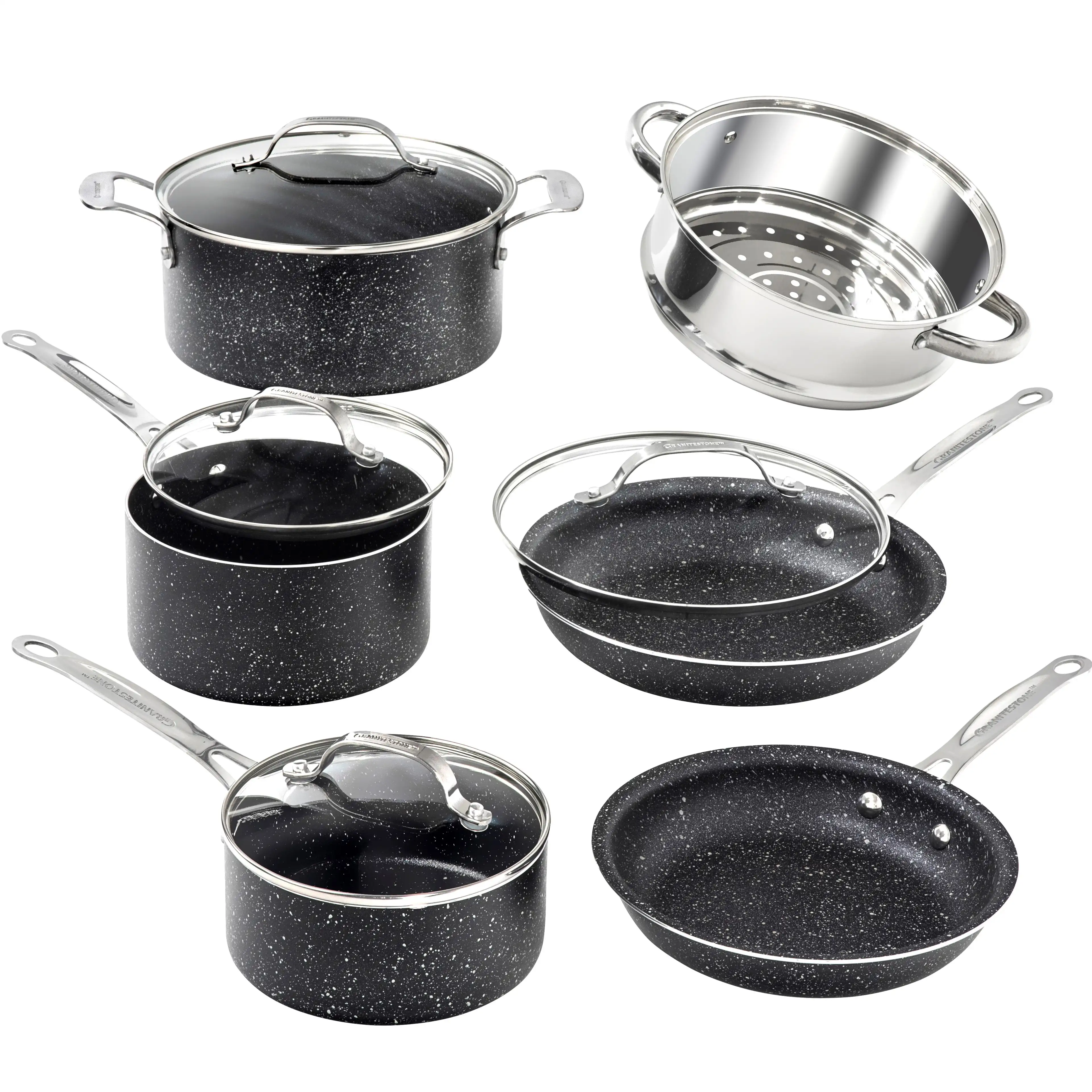 

Granite Stone Pots and Pans Set, 10 Piece Nonstick Cookware Includes Steamer, Scratch Resistant, Coated, Dishwasher