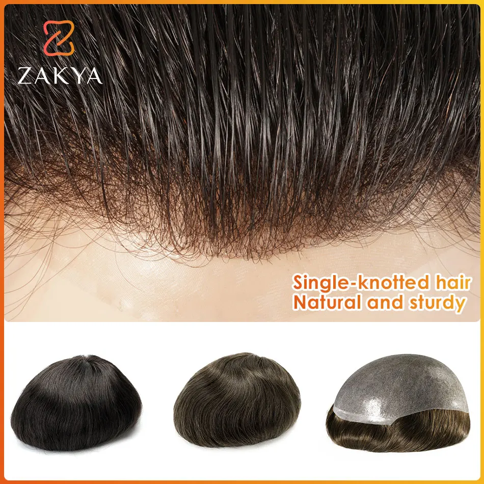 0.12mm PU Single Knot Human Hair Prosthesis Men Toupee Male Wig Men\'s Capillary Prosthesis Natural 120%Density System For Man