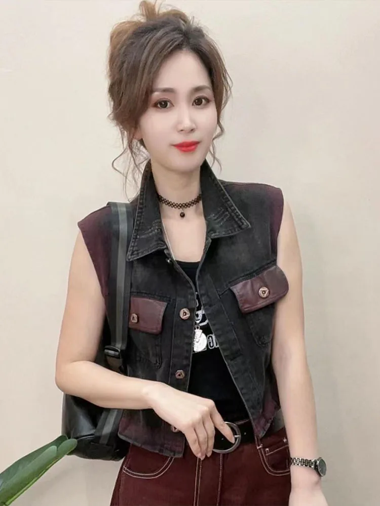 

Faionable No-Sve Collar Denim Vest Outerwear Slimming Sle Turn-down Collar Button Detail Regular Length Casual Vest