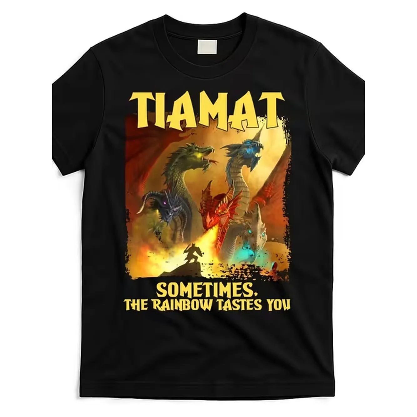 Mens plus size mythical dragon graphic t shirt yellow text with colorful creatures scene and warrior silhouette unique casual tee for fantasy fans and graphic tee lovers