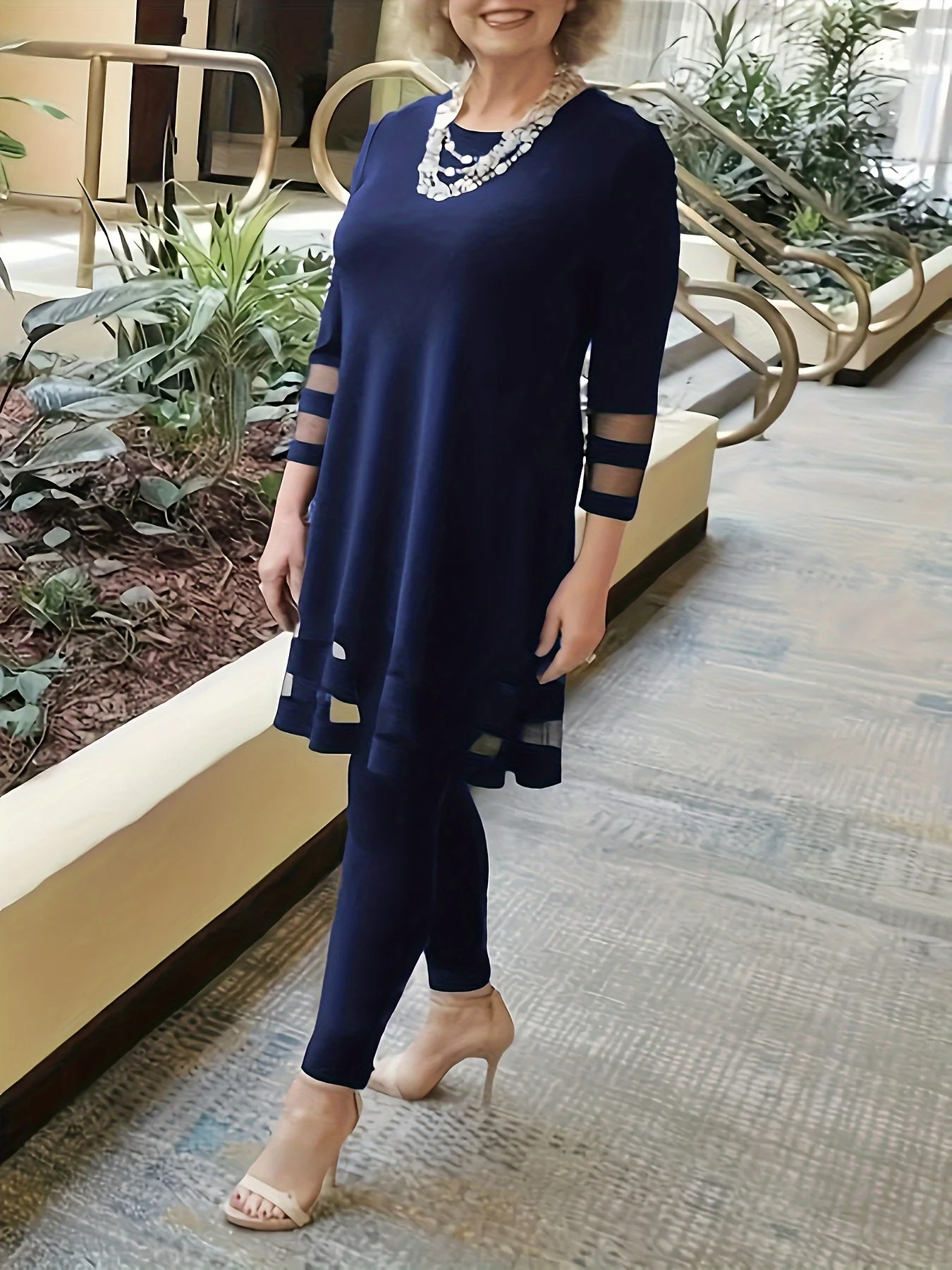 شبكة نسائية - طقم تونيك وطماق مفصلة 3/4 كم ملابس أنيقة