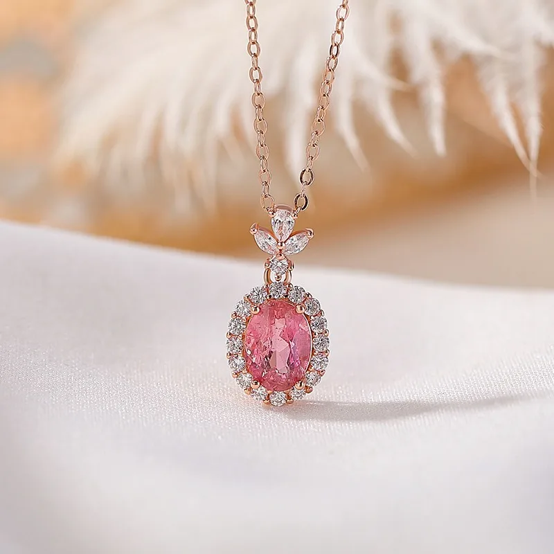 

TIMESWIND Pink Tourmaline S925 Oval Cut Three-petal Super Shiny Women Necklace with Certificate