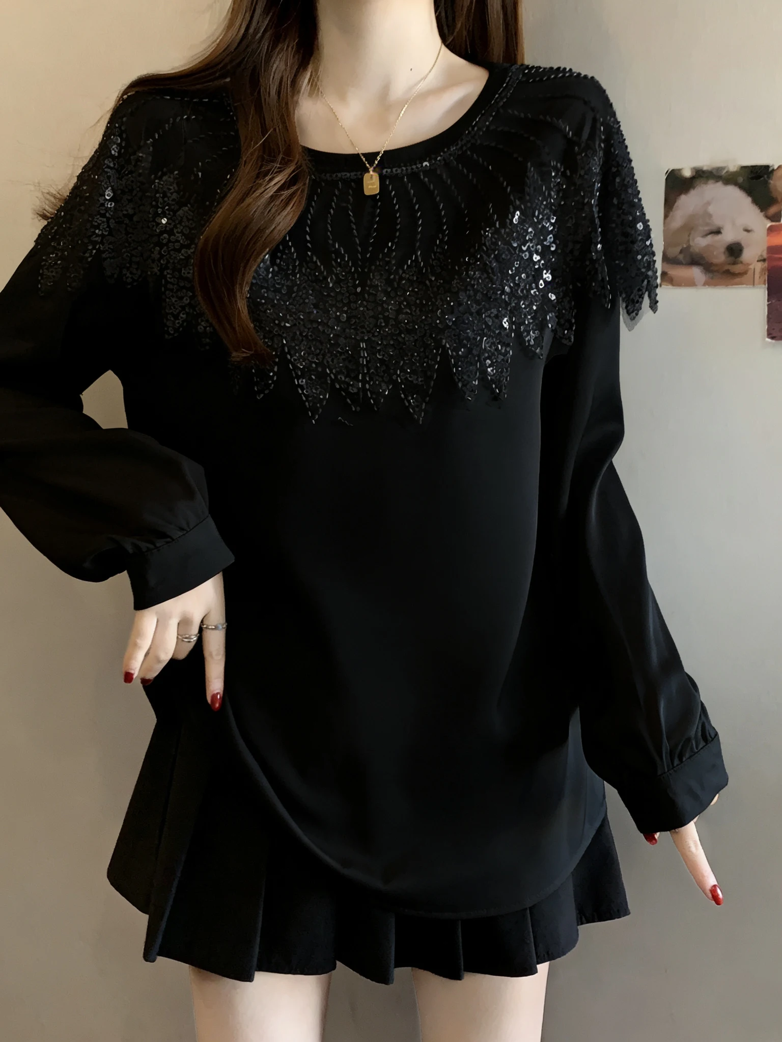 

Женская футболка больших размеров с круглым вырезом и длинными рукавами, весенне-осенняя, свободного кроя, утягивающая, базовый слой, в корейском стиле, из полиэфирного волокна