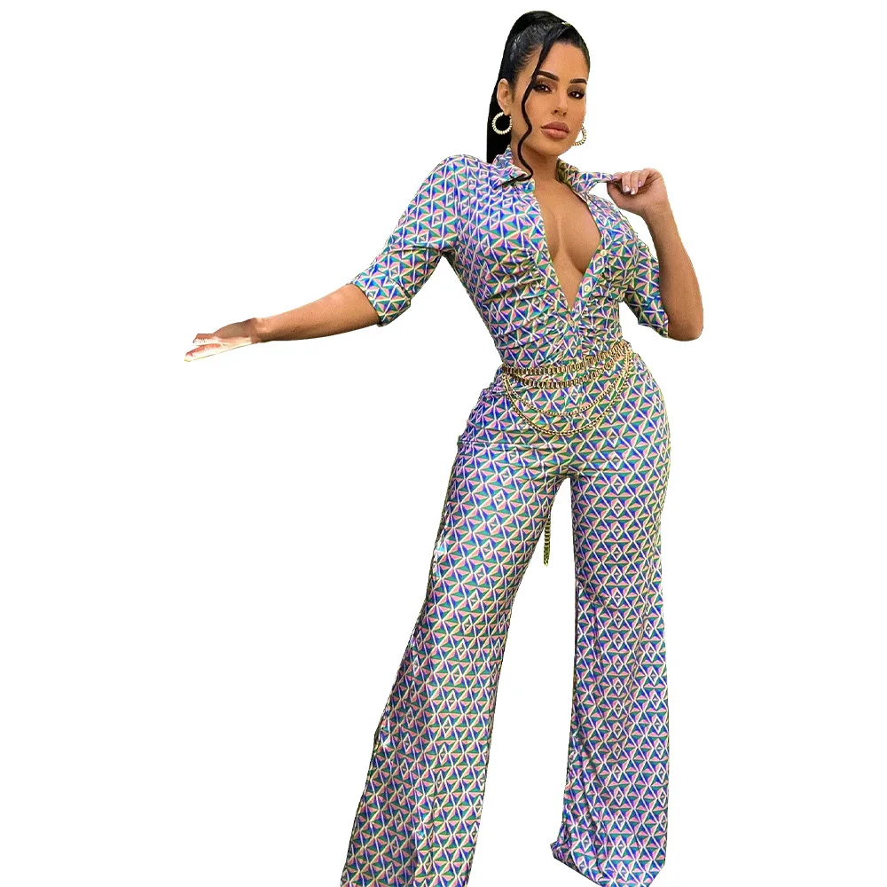 

Sexy Slim Fit Floral Print Wide Leg Jumpsuit High Waist Long Pant K040ebay Trendy Collared Suit Polyester Fiber