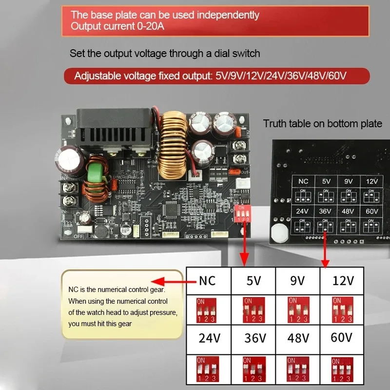 20A 1200W CNC Adjustable Direct Current Stabilized Voltage Power Supply Base Plate Constant Voltage and Current Step-down Module