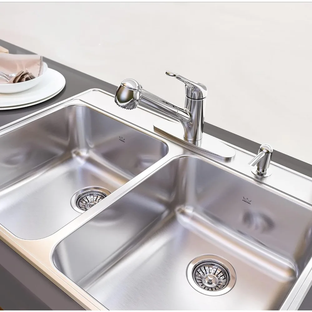 Creemore 33-in LR x 22-in FB x 8-in DP Drop In Double Bowl 4-Hole Stainless Steel Kitchen Sink