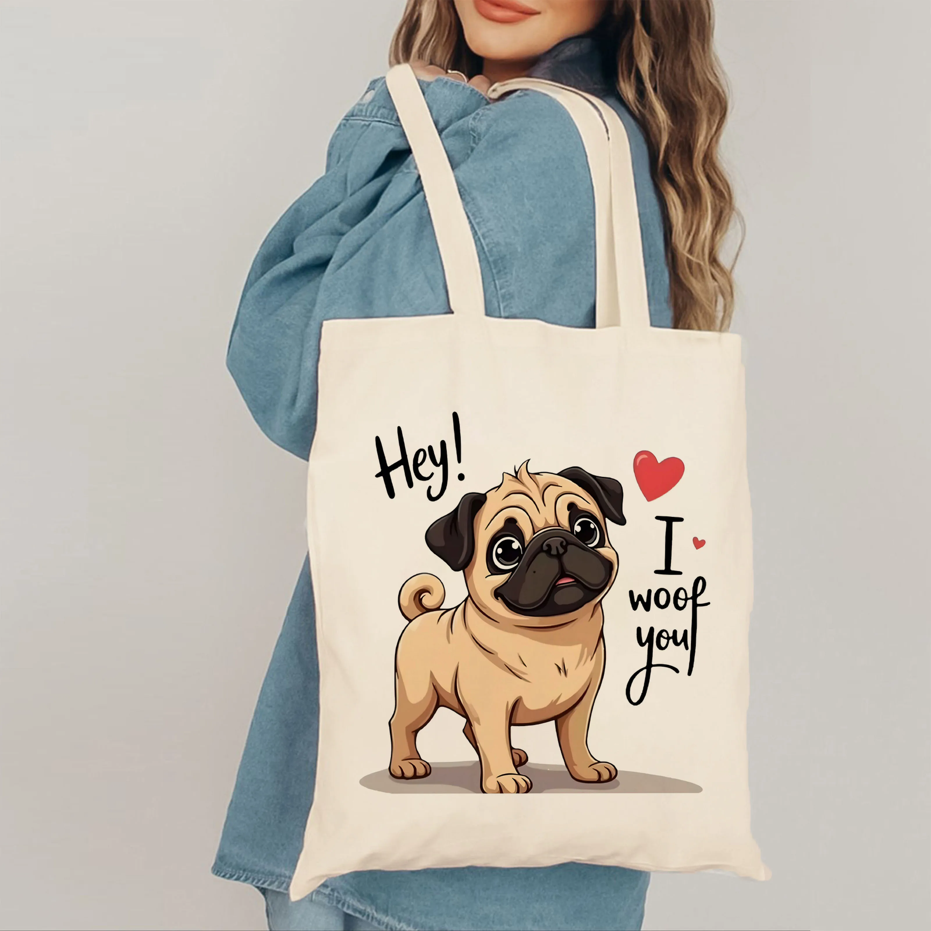 

Женская прочная холщовая сумка через плечо с милыми мопсами и «Hey!» «Я ДЕРЕВАЯ тебе» Разработанная многоразовая сумка большой вместимости
