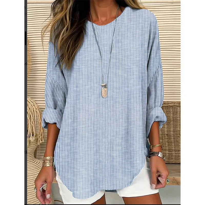 

2025 Women's Autumn New Long Sleeve Round Neck Striped T-shirt Women's Fashion Casual Office Commuter Holiday All-Match Pullover