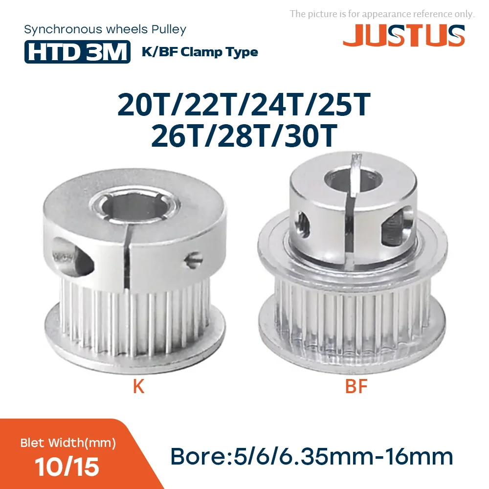 

20T/22T/24T/25T/26T/28T/30 Tooth HTD 3M K Clamping Type Synchronous Wheels Bore 5-16mm for Timing Belt width 10/15mm pitch 3mm