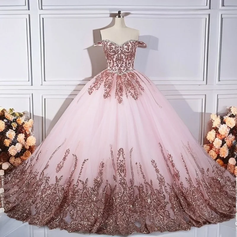 

Rose Pink Gold Quinceanera Dress Crystal Glitter Decal Lace layeringruffles Long tail Vestidos De 15 Quinceanera ﻿Customize