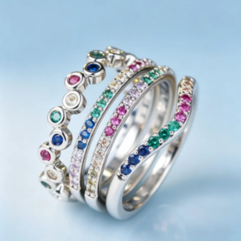 4-piece Fashionable Colored Zircon Layered Ring Set with Multiple Styles and Fine Circles, Mixed and Matched Accessories