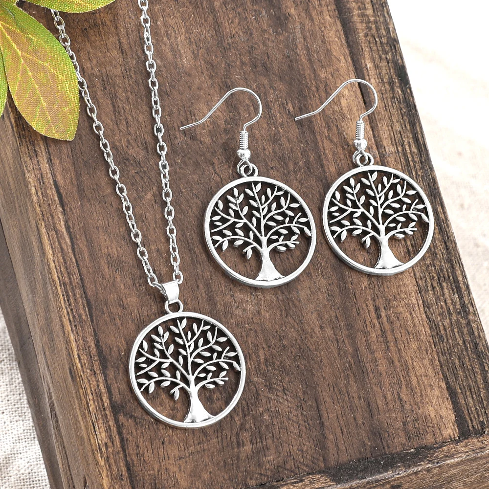 Vintage Openwork Tree of Life Necklace and Earring 3-Piece Set – Minimalist Large Circular Tree Pendant Jewelry Set for Women