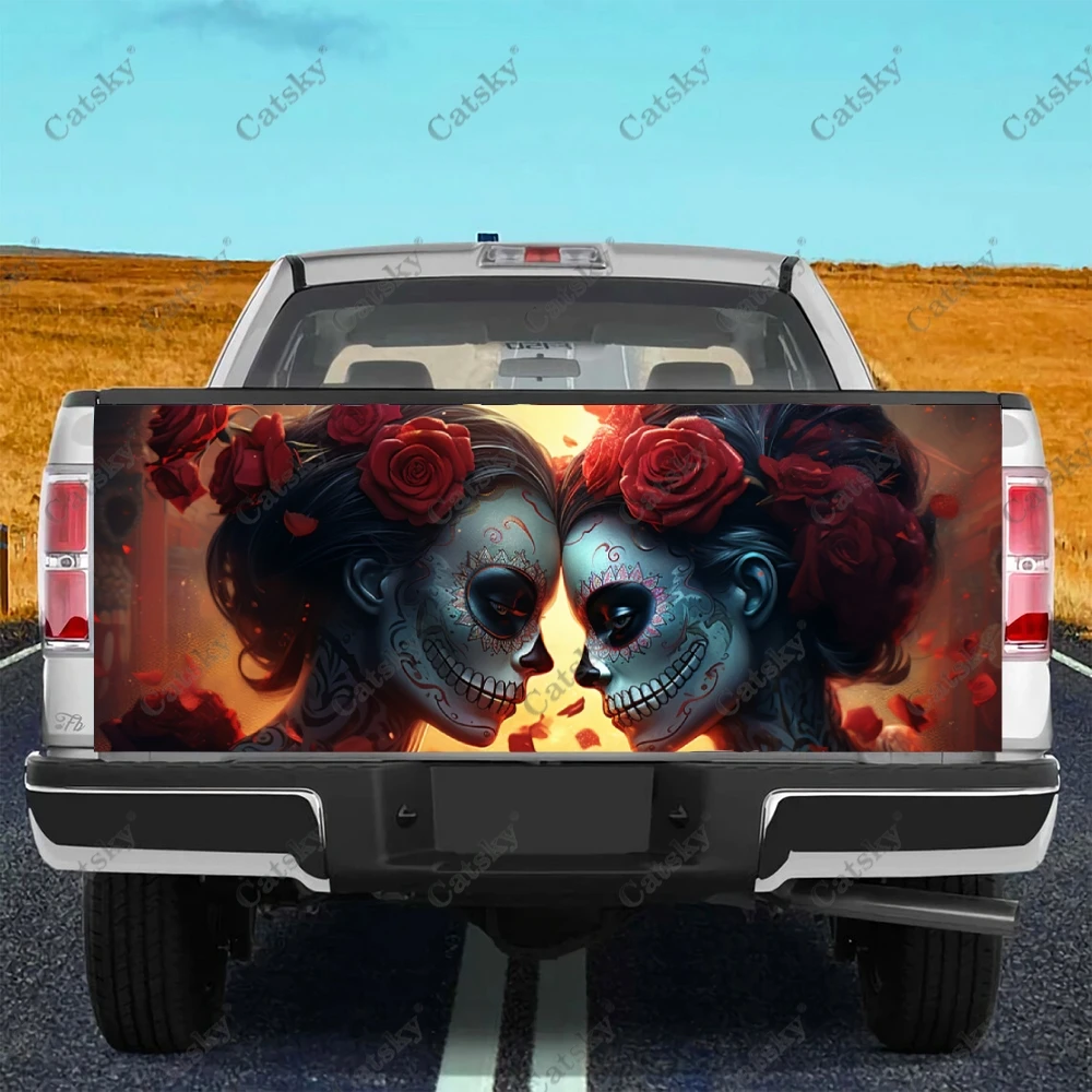 Girl with Skulls Truck Tailgate Wrap Professional Grade Material Universal Fit for Full Size Trucks Weatherproof