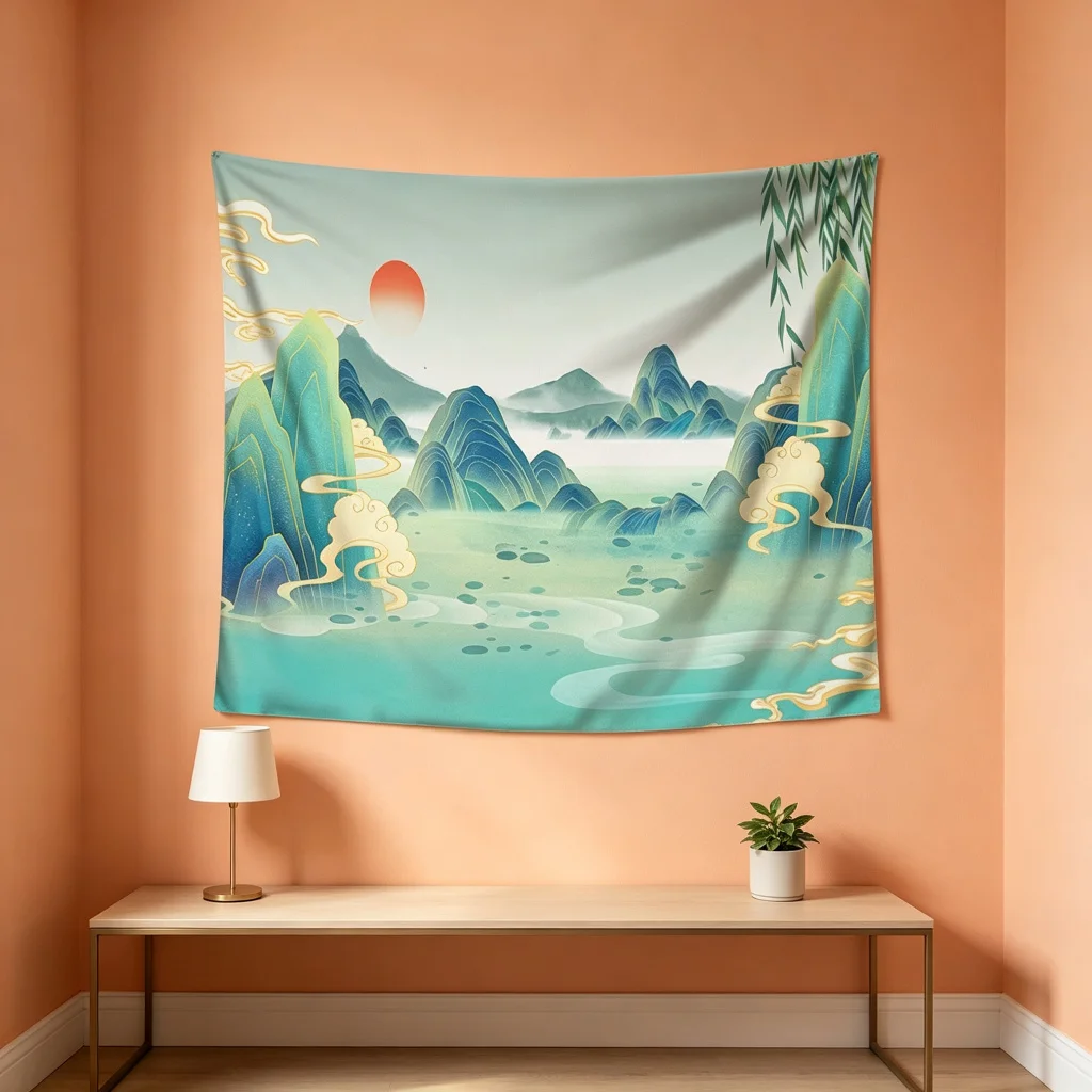 1PC Chinese Sunrise Print Backdrop Banner, Bedroom Living Room Photo Background, Polyester Wall Hanging, Home Decor, Wall Art