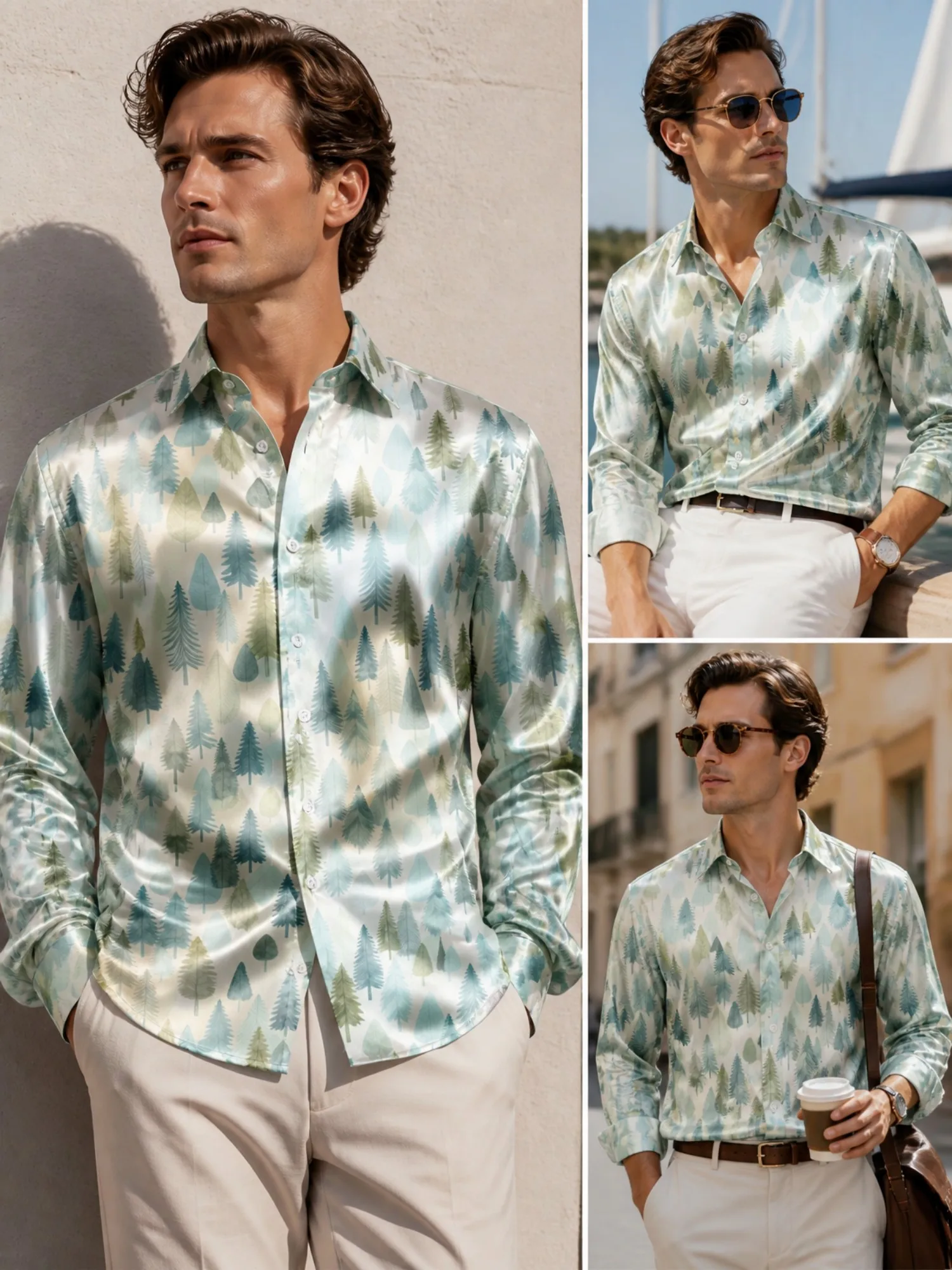 Mens Satin Long Sleeve Button Down Printed Dress Shirt Modern Smooth Fabric Polished For Work Commute Business Office Daily Wear