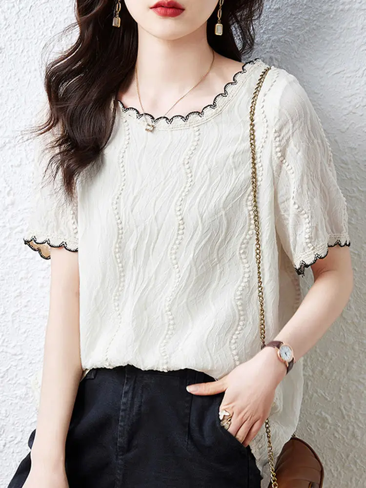 Moda O-Collo Spliced Ruffles Camicetta casual Abbigliamento femminile 2025 Estate Nuovo pullover coreano Top Camicia da pendolare