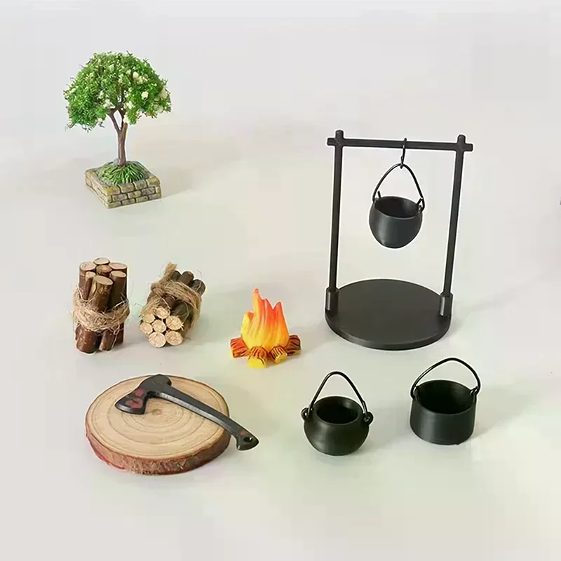 Campfire y tetera en miniatura, decoraciones modernas de escultura en miniatura con temática de fantasía, accesorios para manualidades DIY para el hogar y la cocina